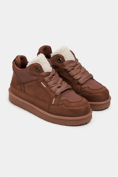 NİŞANTAŞI SHOES Lamby Taba Süet Kürk Detay Bağcıklı Kalın Taban Kadın Sneaker Bot