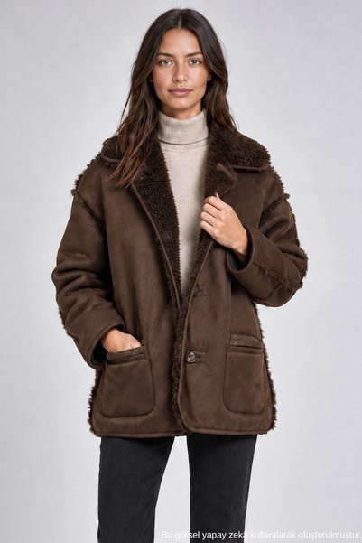 Freemen Kadın Kahverengi Peluş Astarlı Süet Görünümlü Oversize Cepli Mont