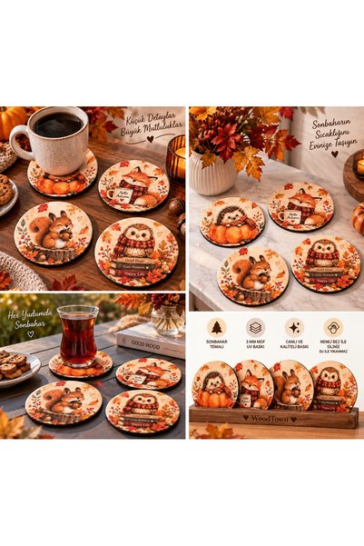 kids town Autumn Themed Set of 4 Round Coasters – 10 cm 3 mm Mdf Uv Printing – Cute Animal Patterns