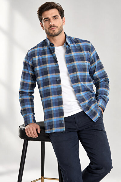 Varetta Men's Blue Plaid Winter Shirt Long Sleeve with Pockets Classic Relaxed Fit