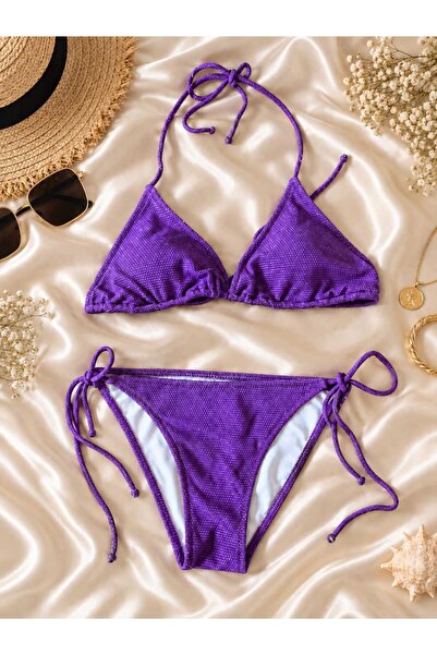 Genel Markalar Mor Renk Bağcıklı Lycra Kumaş, Üçgen Bikini