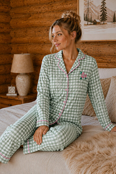 ELİTOL Bürümcük Örme Uzun Kol Ekose Desenli Kadın Düğmeli Pijama Takımı