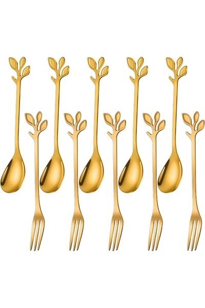 Ansawi AnSaw 10-Pc Gold Mini Spoons & Forks Set, 4.7" - Stainless Steel, Leaf...