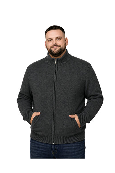 BattalModa Men's Large Size Anthracite Hattush Stand Collar Pocket Knitwear C...