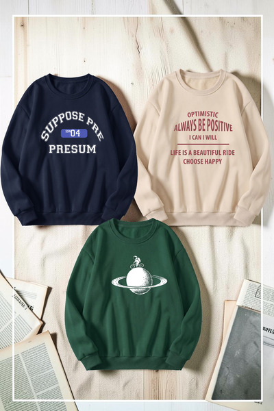 uyguntarz Unisex Mixed Printed Crew Neck Sweatshirt Set – Pack of 3