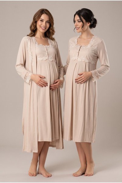 Generic Brand Women's Beige Lace Long Sleeve Maternity Nightgown Set with Nur...