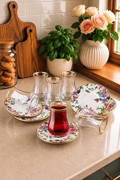 Pinkev 6 Kişilik Seramik Tabaklı Çay Bardağı Seti