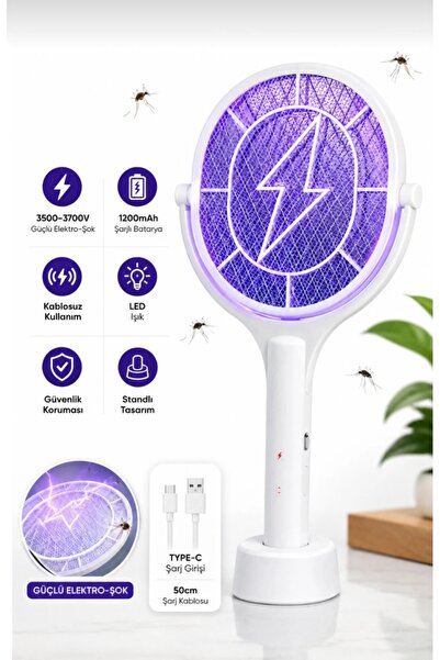 AQM04 Elektrikli Sinek Öldürücü Raket – 3500-3700V Şarjlı, Standlı, 6 LED Işıklı & Type-C Şarjlı Sinek Raketi