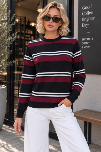 Arbucky Women's Crew Neck Striped Knitwear Sweater