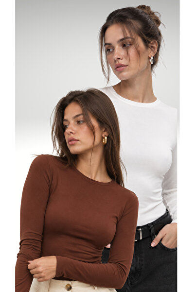 Ladima Γυναικείο Σετ 2 τεμαχίων Λευκό Bitter Brown Crew Neck Body