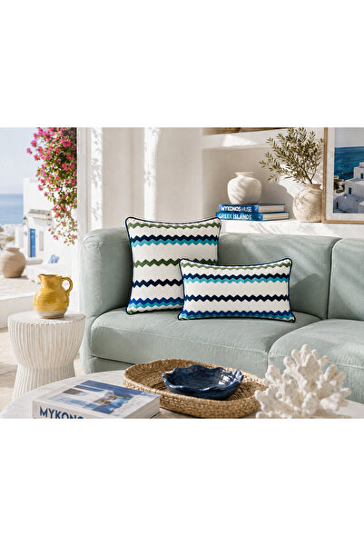 CASA NATURALE Zigzag Embroidered Blue Color Throw Pillow Cover
