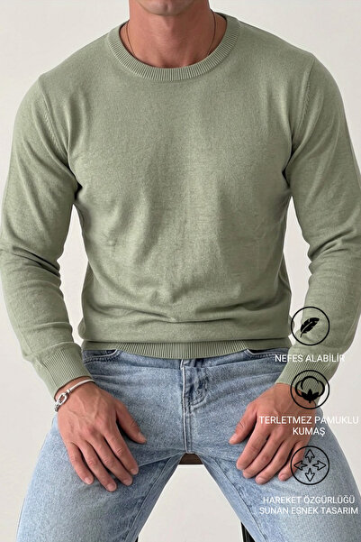 DAMGA JEANS سترة تريكو كاكي برقبة دائرية للرجال لفصل الشتاء