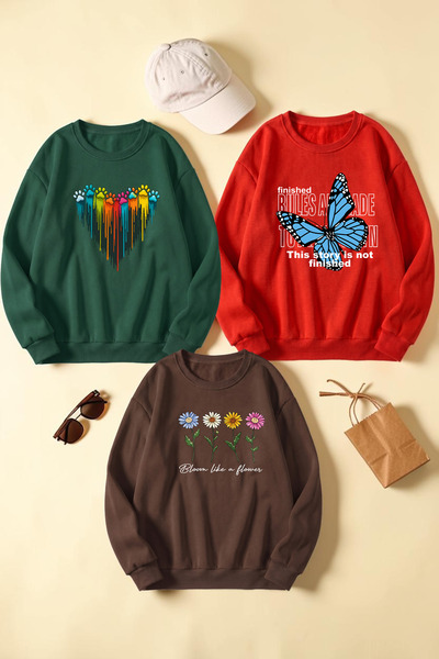 uyguntarz Unisex Mixed Printed Crew Neck Sweatshirt Set – Pack of 3