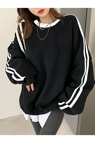LADY HAZAL Black Unisex Sleeve Stripe Printed Crew Neck Oversize Patterned Fa...