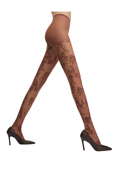 Penti Women's Brown Elegant Rose Floral Patterned Pantyhose
