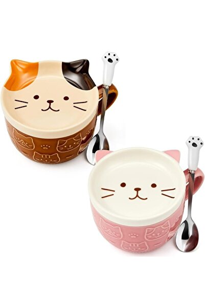SYOSI 2 Pcs 10 oz Ceramic Cute Cat Mug with Lid, Kawaii Cat Tea Cup Set, Funn...