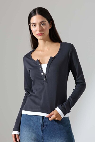 ModaPlaza Women's Collar Snap Fastener Six-Garnish Long Sleeve Blouse 22204