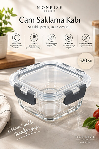 Monrize Concept 520 ML Cam Saklama Kabı Kilitli Sızdırmaz Silikonlu Kapaklı 4...