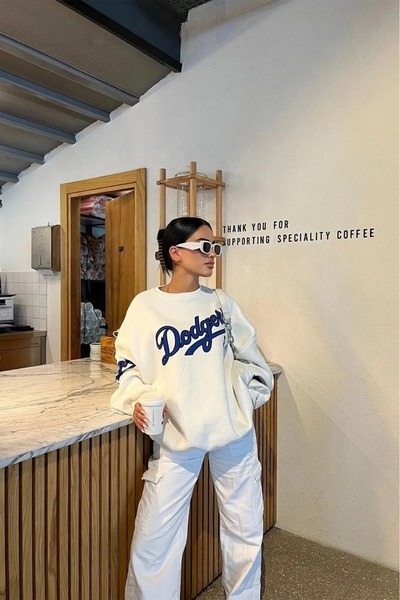 LADY HAZAL White Unisex Champions Back Printed Crew Neck Oversize Patterned F...