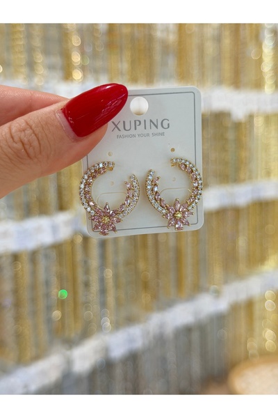 SU PERİSİ TAKI BİJUTERİ XUPİNG KARARMAZ GOLD PEMBE PAPATYA DETAYLI KÜPE