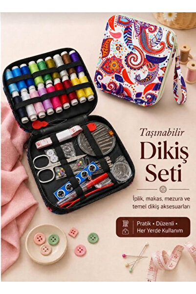 TıkTık AL Çantalı Dikiş Kutusu Seti, Iplik Seti, Iğne Seti Desenli Çanta