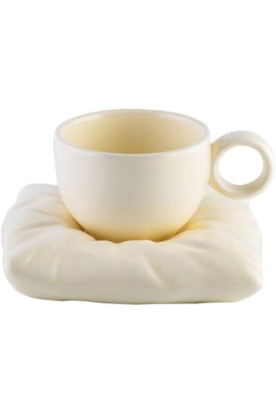 EXCEFORE Ceramic Tea Cup and Saucer Set with Pillow Coaster, 7.7oz (220ml) Ye...