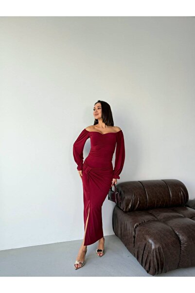 ELBEY Gathered Front Long Sleeve Blouse and Slit Skirt Two-Piece Set