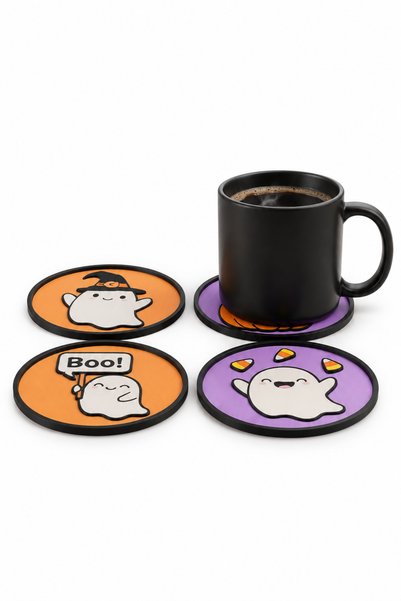 Three Dittle Birds Halloween Themed Set of 4 Coasters - Cute Ghosts