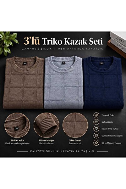 Castello 🧶✨ 3’lü Premium Triko Kazak Seti | Bisiklet Yaka | Şık & Modern Erk...