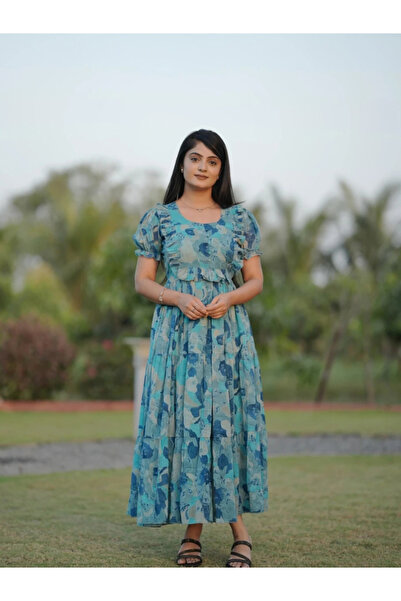 MYSMAR Blue Floral Print Georgette Maxi Dress - RMD9735 | Blue-Size:5XL-50-In...