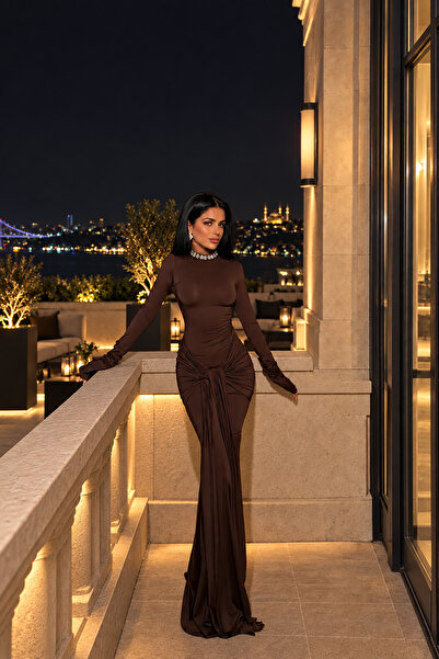 Deafox Brown Long Sleeve High Waist Design Maxi Length Sandy Fabric Dress