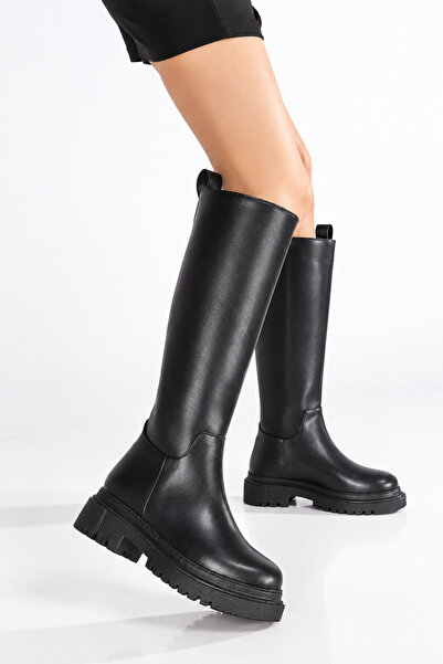 moun shoes Μαύρες δερμάτινες γυναικείες μπότες