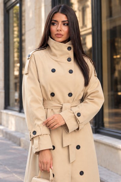 1434 Polo State Women's Stand Collar Double-Breasted Belted Long Trench Coat - Beige