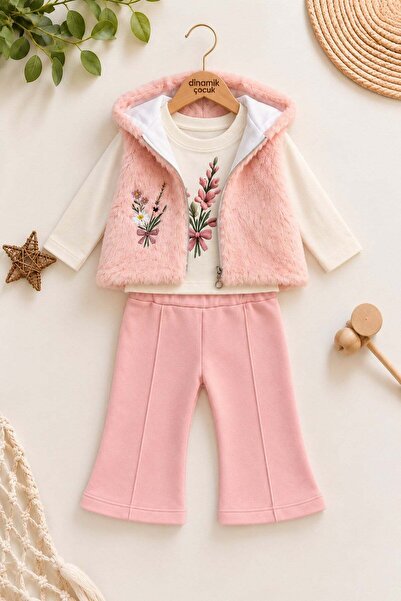 dinamik çocuk Baby Girl 3-Piece Set Floral Embroidered Hooded Plush Vest, Wid...