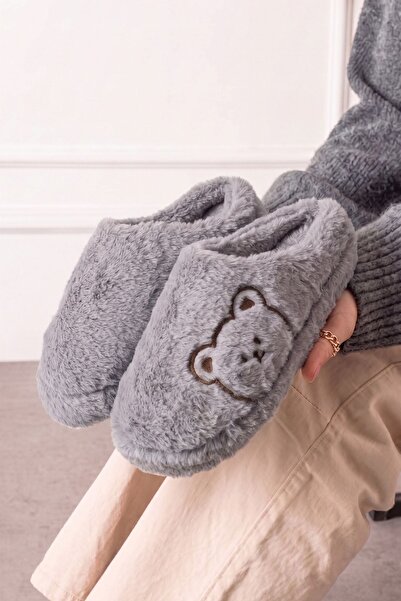 FUGA MODA Kogi Gray Teddy Bear Detailed Plush Women's Winter House Slippers