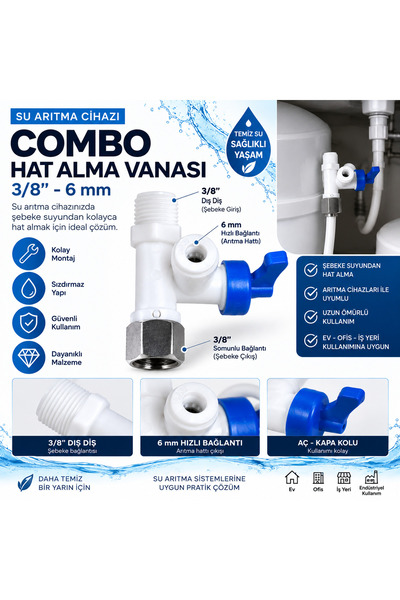 Genel Markalar Su Arıtma Cihazı Combo Hat Alma Vanası 3/8” - 6 mm Şebeke Suyu...