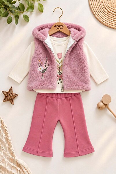 dinamik çocuk Baby Girl 3-Piece Set Floral Embroidered Hooded Plush Vest, Wid...