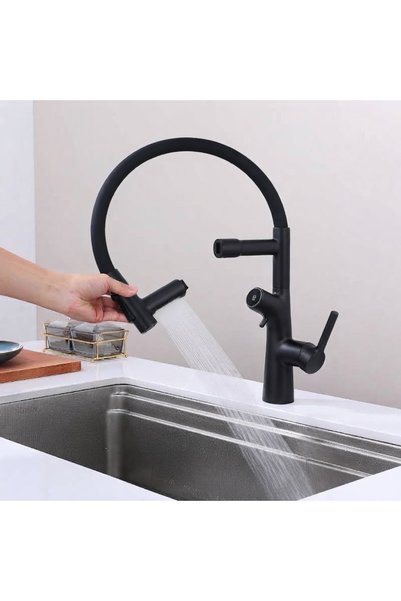 OEM Kitchen Sink Faucet with Push-Pull Water Purification Outlet, 3 Functions, Flexible Spiral, Black Color, 7 Years Warranty, Imported