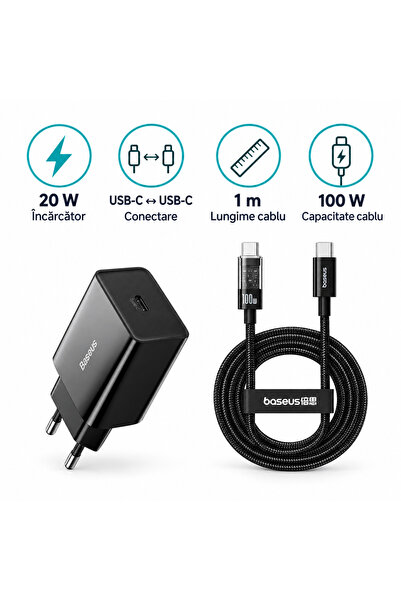 Baseus Kit Baseus, Încărcător 20W + Cablu USB-C la USB-C 100W, 1m, negru