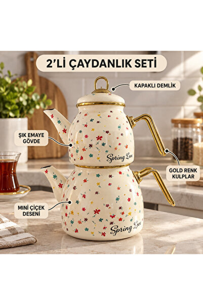 Genel Markalar 1,3 Litre 2’li Emaye Çaydanlık Seti – Desenli ve Gold Kulplu