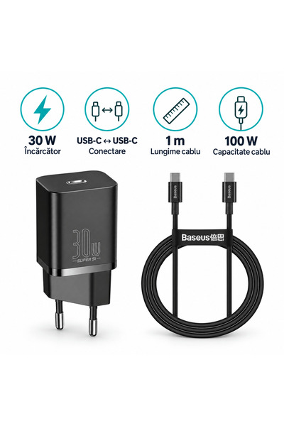 Baseus Σετ, Φορτιστής 30W + Καλώδιο USB-C σε USB-C 100W, 1μ, μαύρο