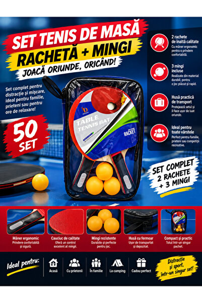 Generic Brand Set Tenis de Masă – 2 Rachete + 3 Mingi