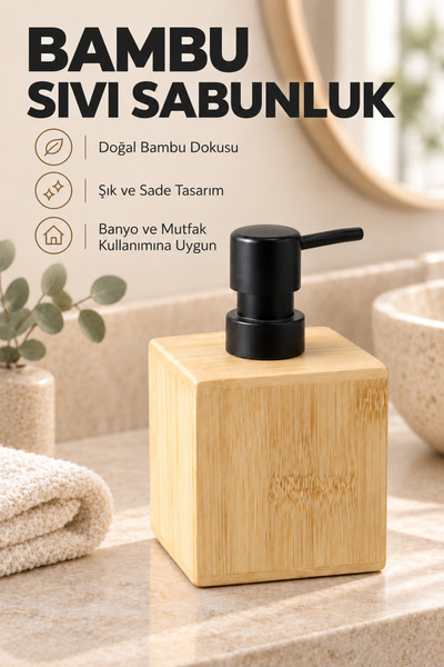 Anadolu Saray Bambu Sıvı Sabunluk Kare Tasarım Mat Siyah Başlıklı Banyo ve Mu...