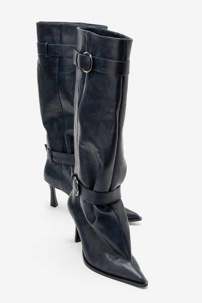 LuviShoes Marcella Navy Blue Belted Women's Thin Heeled Boots