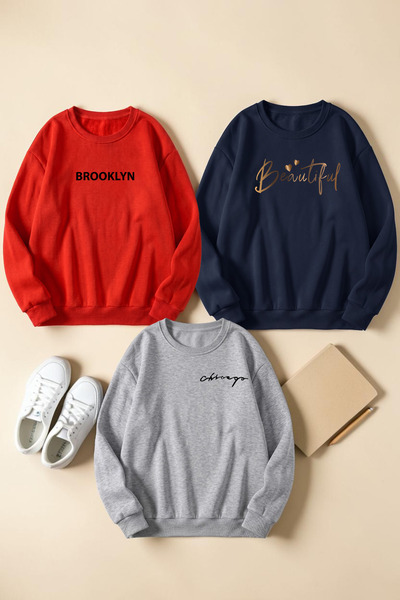 uyguntarz Unisex Mixed Printed Crew Neck Sweatshirt Set – Pack of 3