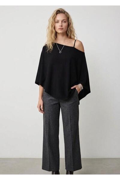 COTAS Women's Black Poncho Off-Shoulder Blouse Made of 97% Cotton Fabric