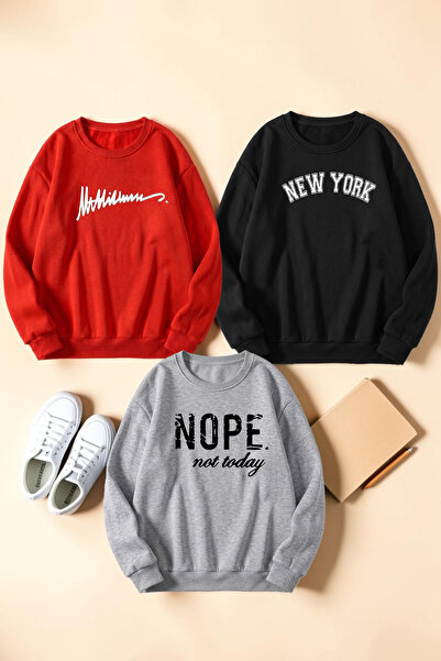 uyguntarz Unisex Karışık Baskılı Bisiklet Yaka Sweatshirt Seti – 3'lü Paket