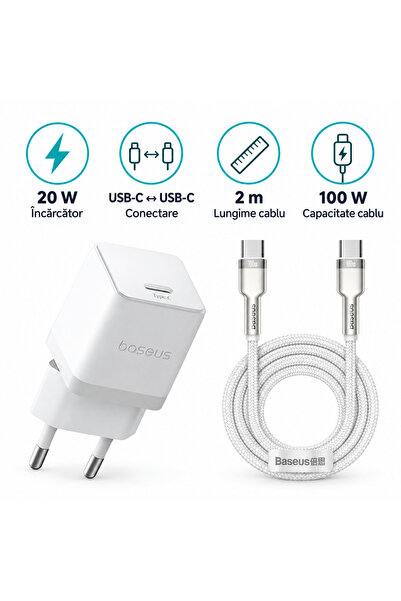 Baseus Kit Baseus, Încărcător 20W + Cablu USB-C la USB-C 100W, 2m, alb