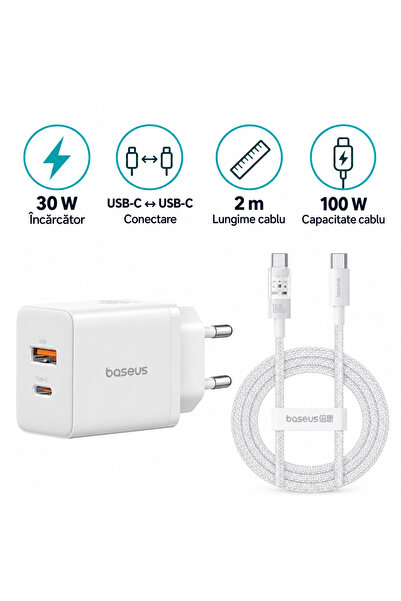 Baseus Σετ, Φορτιστής 30W + Καλώδιο USB-C σε USB-C 100W, 2μ, λευκό