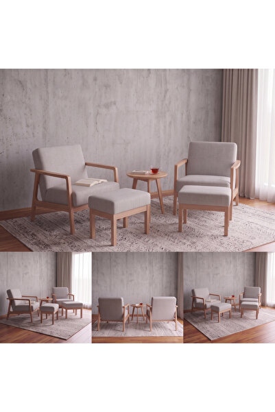Setoso Atelier Sven İskandinav Masif Ahşap Gri Keten 5 Parça Dinlenme Seti